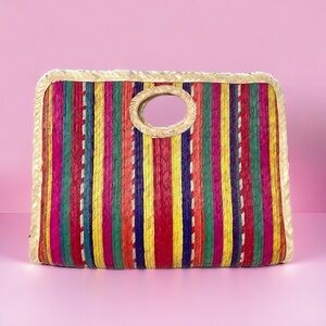 Rainbow Striped Structured Straw Top Handle Bag